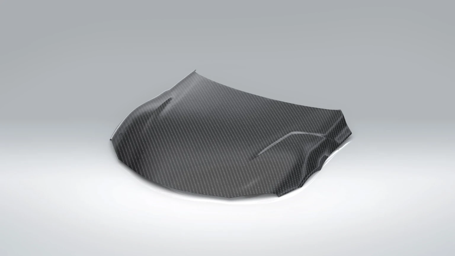 SolidWorks render of a custom carbon-fiber Toyota Supra hood with broad compound curvature and a raised surface feature.