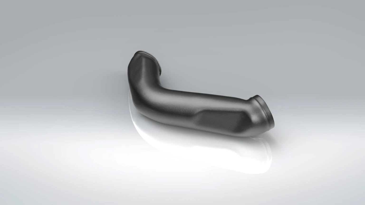 Matte SolidWorks render of a curved Porsche HVAC duct with compound surfaces and circular end interfaces.