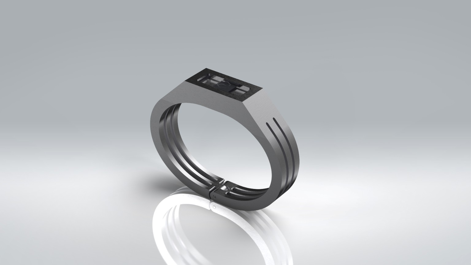 SolidWorks render of a sculpted luxury medical-ID bracelet with a concealed NFC information interface and hinged closure.