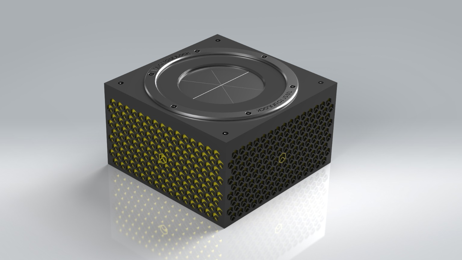 SolidWorks render of bespoke black presentation packaging for a luxury bracelet, with patterned side panels and a circular top interface.