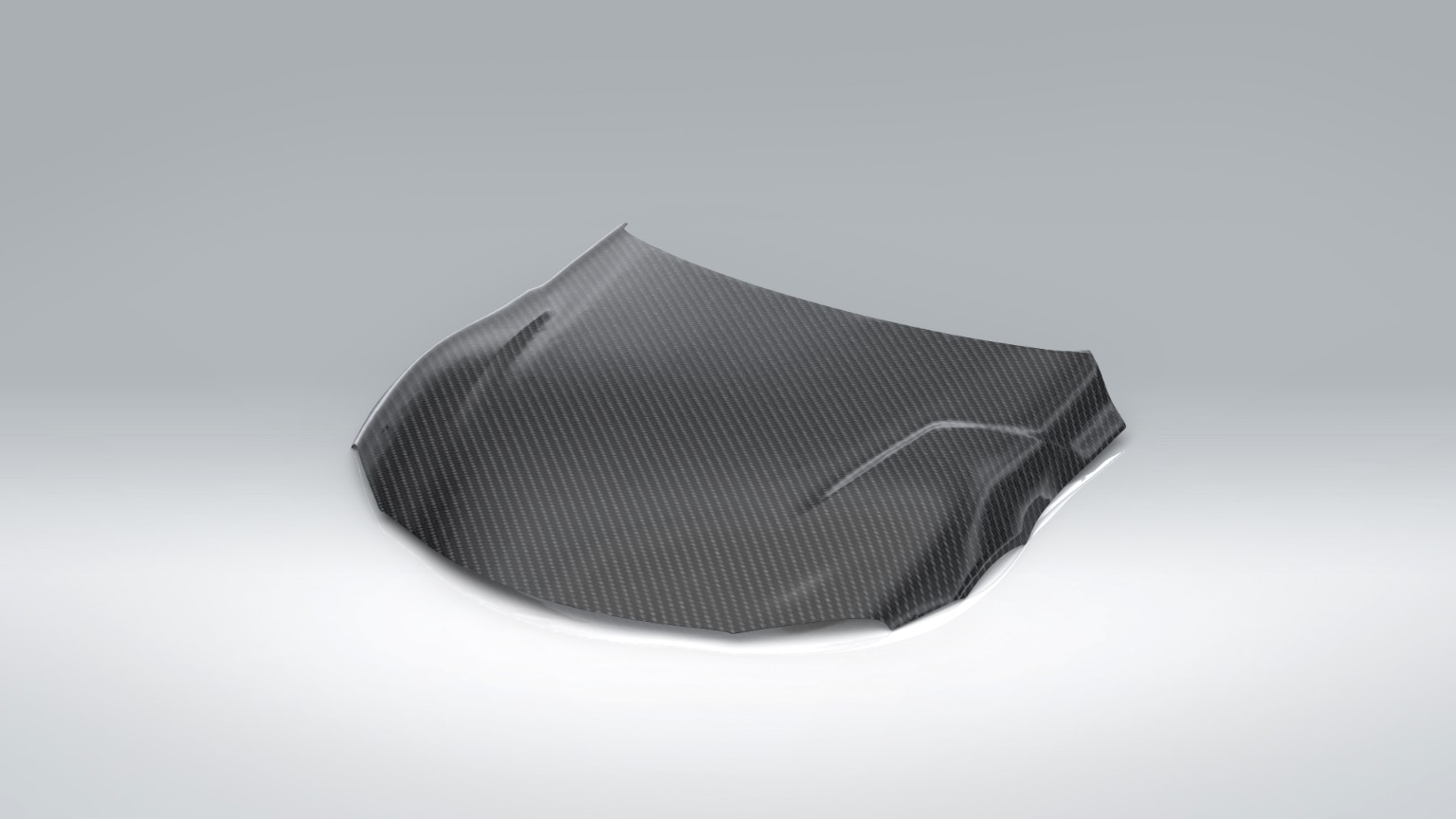 SolidWorks render of a custom carbon-fiber Toyota Supra hood with broad compound curvature and a raised surface feature.