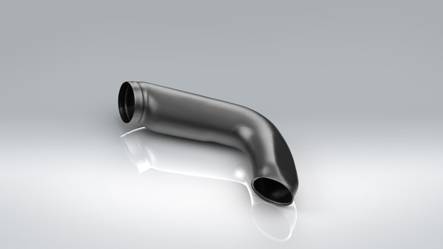 Matte SolidWorks render of a compact Porsche HVAC elbow duct with round openings at both ends.