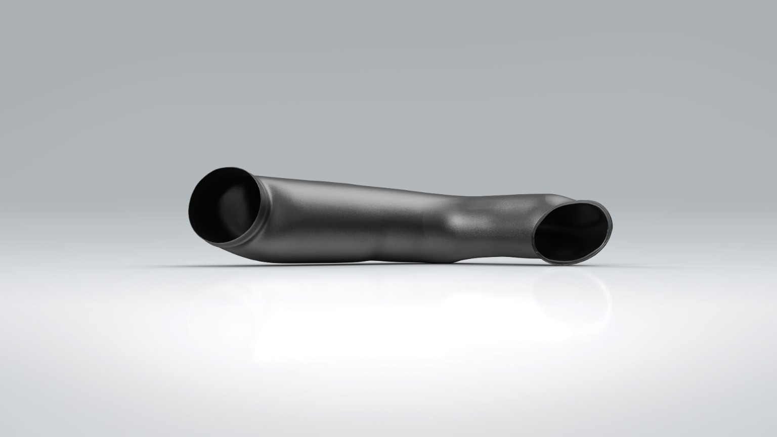 Side-view SolidWorks render of a low-profile Porsche HVAC transition duct with round openings at opposite ends.