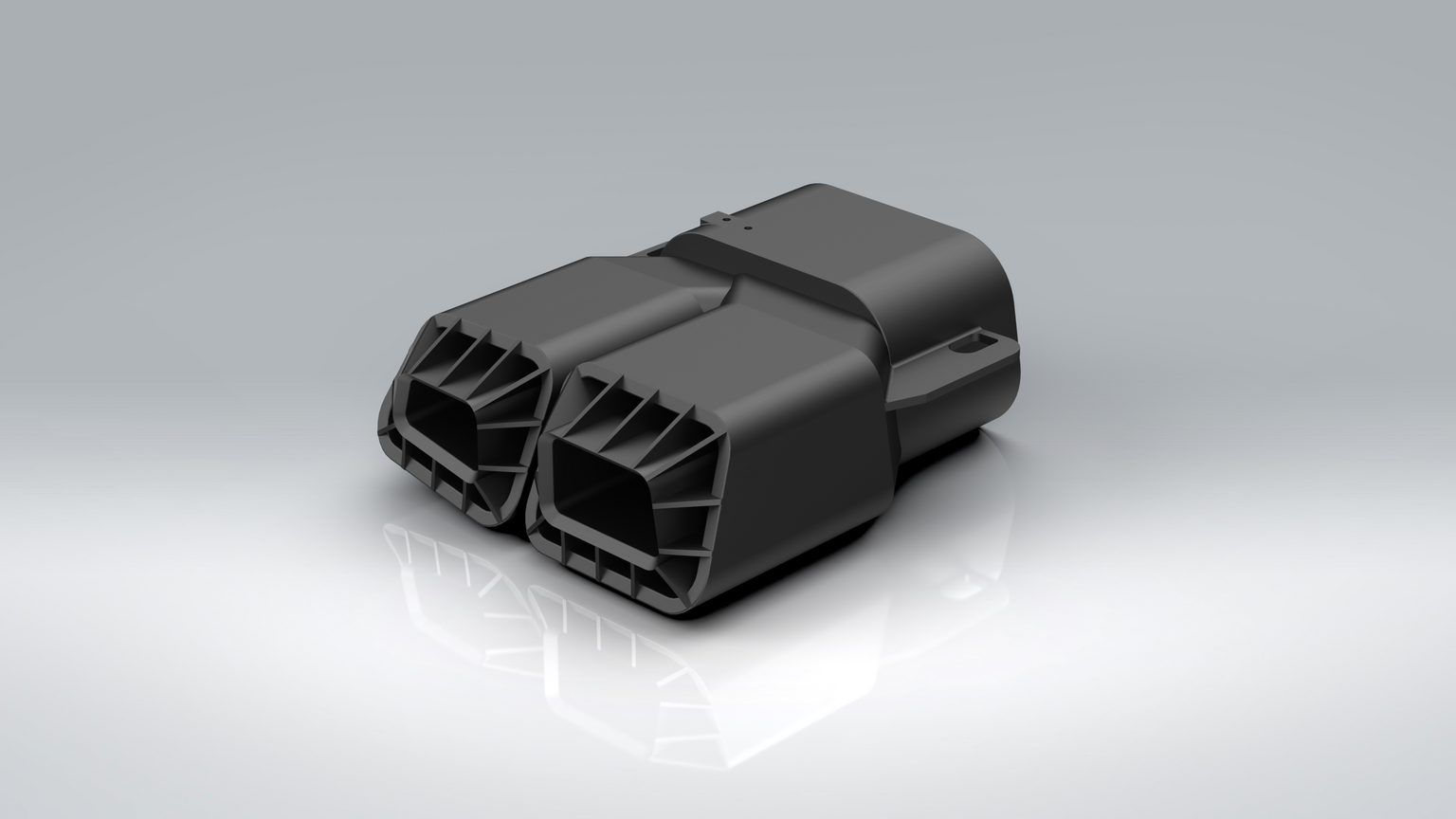 Alternate SolidWorks render of black Mercedes-Benz CLS 63 AMG trapezoidal exhaust tips viewed from the front-left.