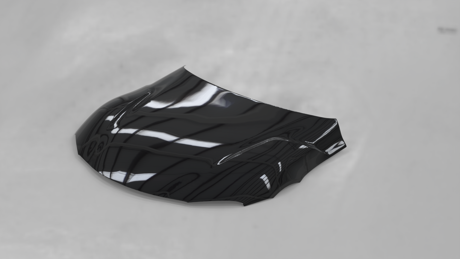 Alternate glossy black SolidWorks visualization of a custom Toyota Supra hood with sculpted compound surfaces.